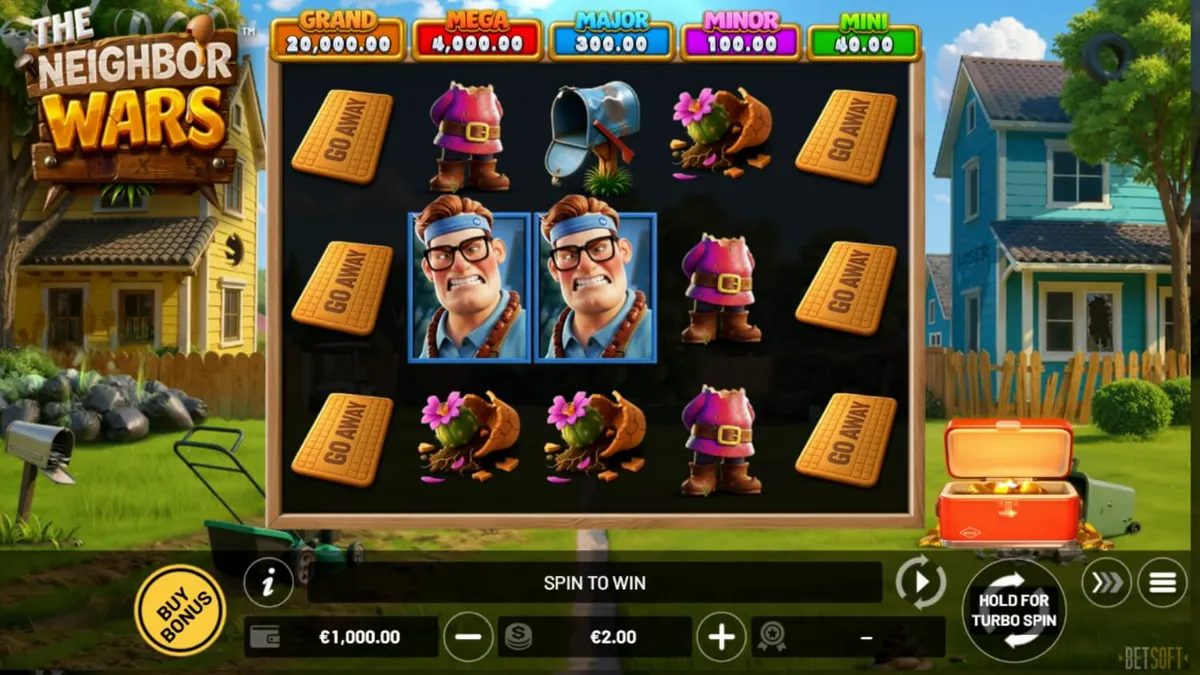 Pemandangan visual penuh warna dari permainan slot The Neighbor Wars dengan elemen kartun suburban.