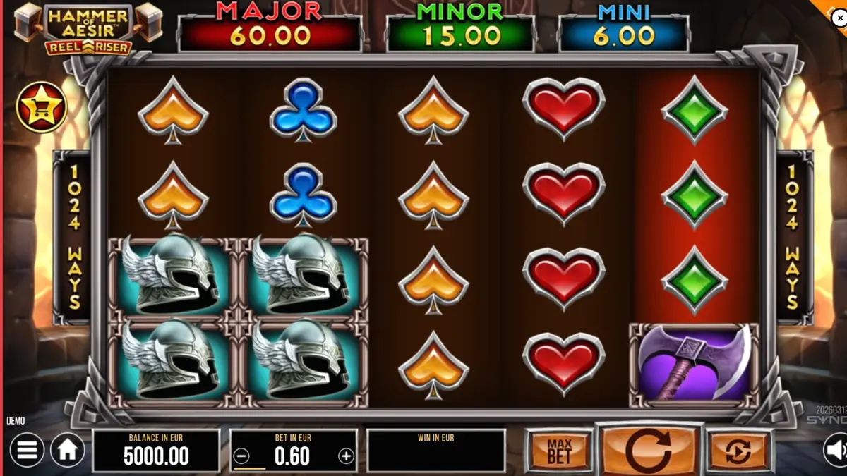 Pemandangan atmosferik dari slot Hammer of Aesir dengan tema mitologi Nordik yang gelap.